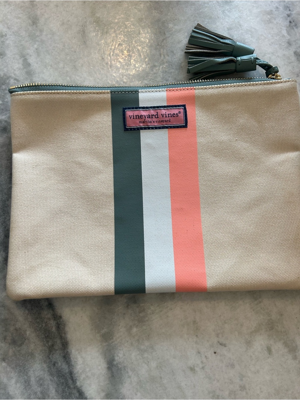 Vineyard Vines Beige Canvas Pouch with Green, White & Coral Stripes